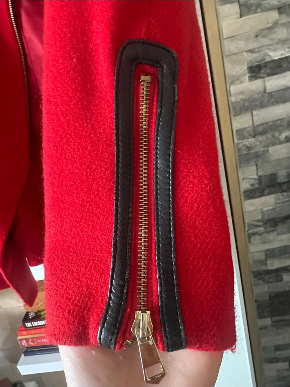 French Connection Red Asymmetrical Zip Pea Coat needs a bit of tlc